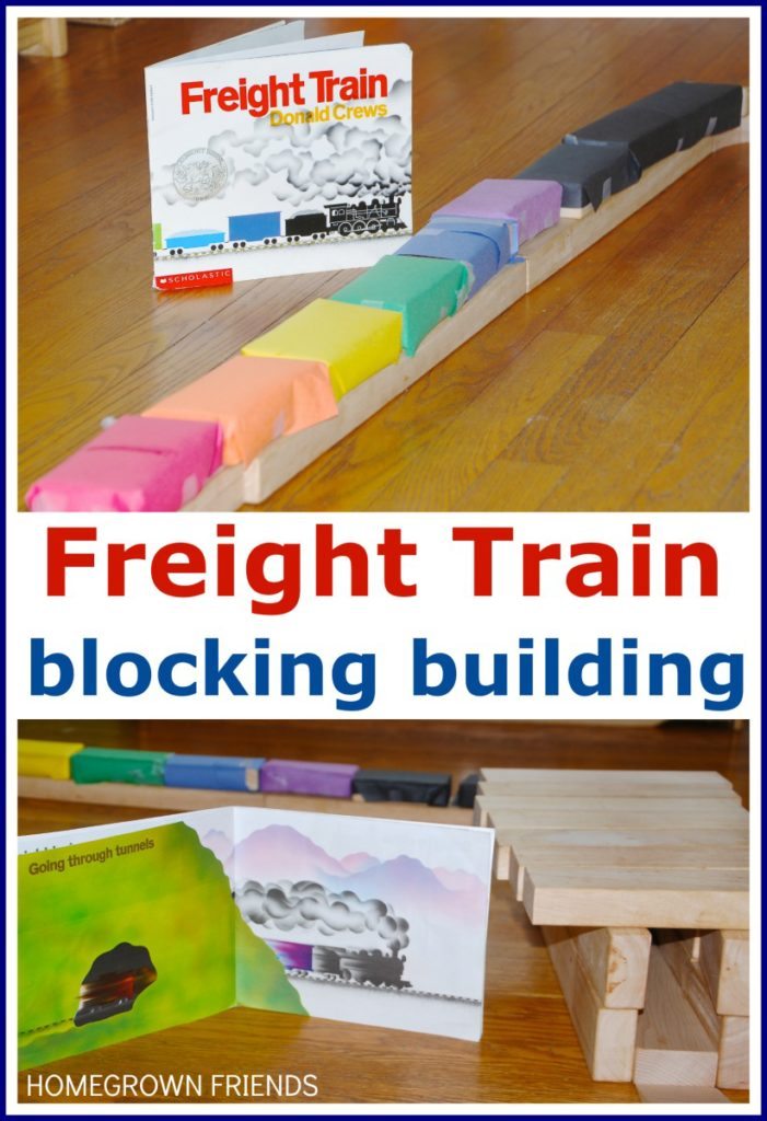 Freight Train Block Building - exploring books through play with Preschool Book Club 